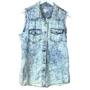 Vintage 80s GB Stone Wash Blue Button Down Sleeveless Fringe Top Jrs Sz L